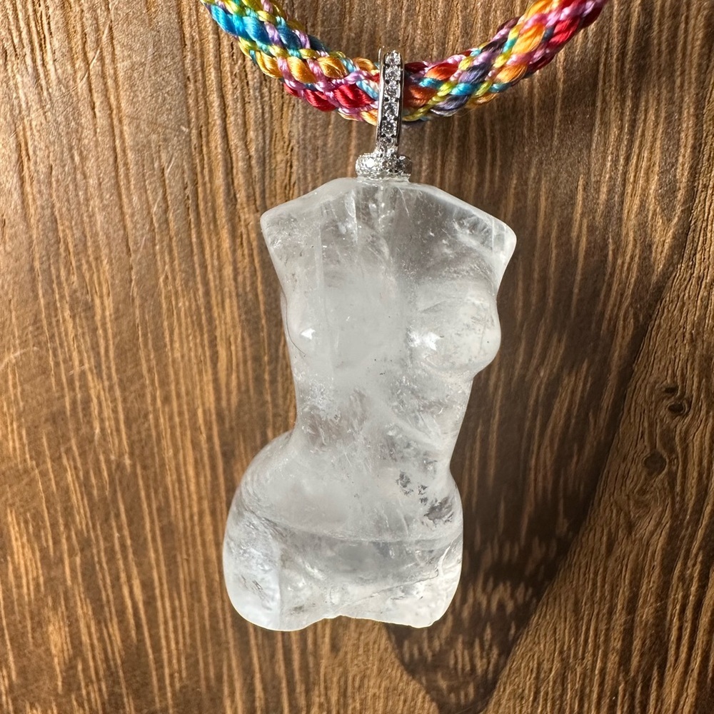 Clear Quartz Lady Body Carving Pendant Necklace on Multicolor Rope, Silver Bail - Picture 3 of 14